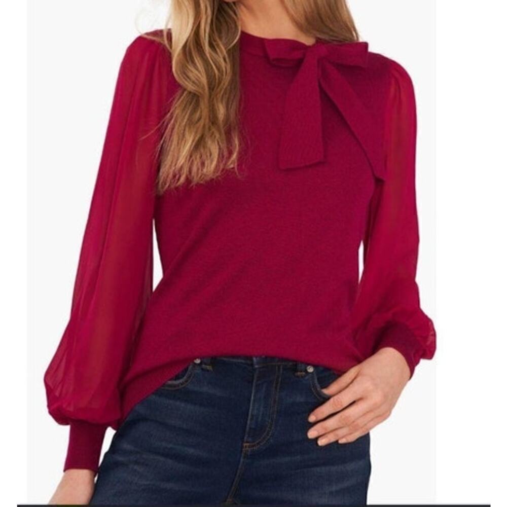 CeCe Sweater Top Sheer Chiffon Sleeves Tie Neck Pullover Pink NWT Medium